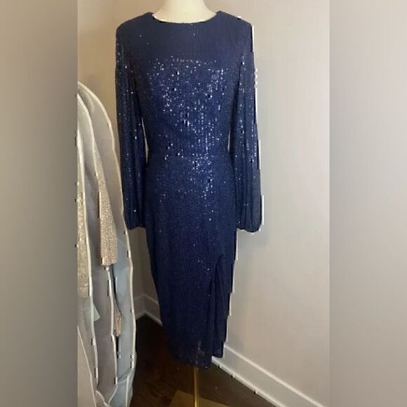 NWT Mac Duggal Midnight Blue “Sequined Puff Sleeve High Neck Dress 18 - Picture 5 of 8